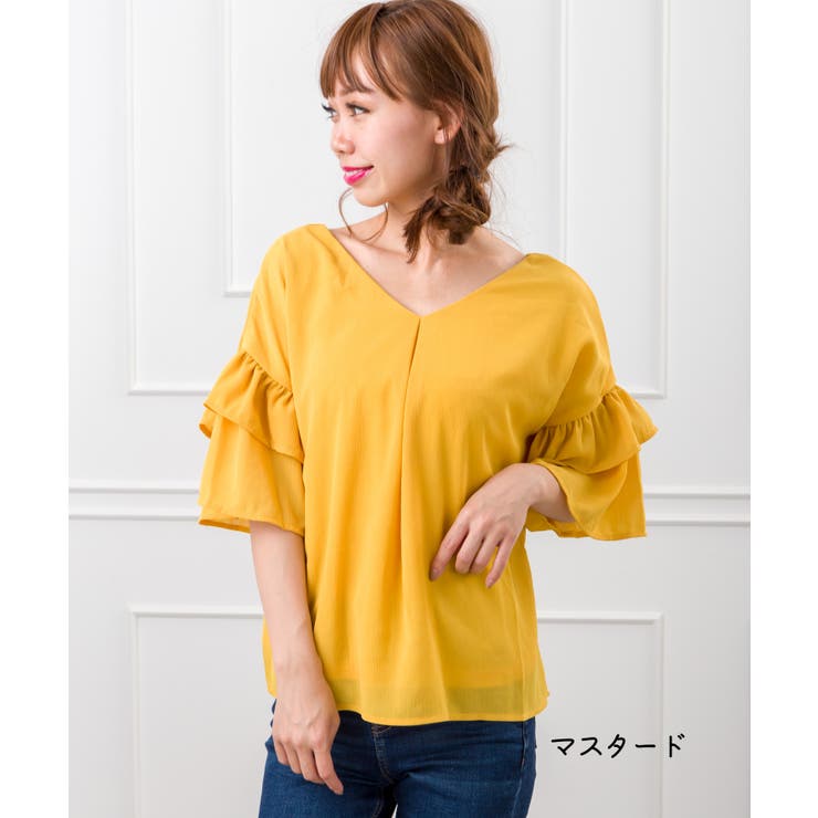マスタード色 七分袖 Vネック トップス