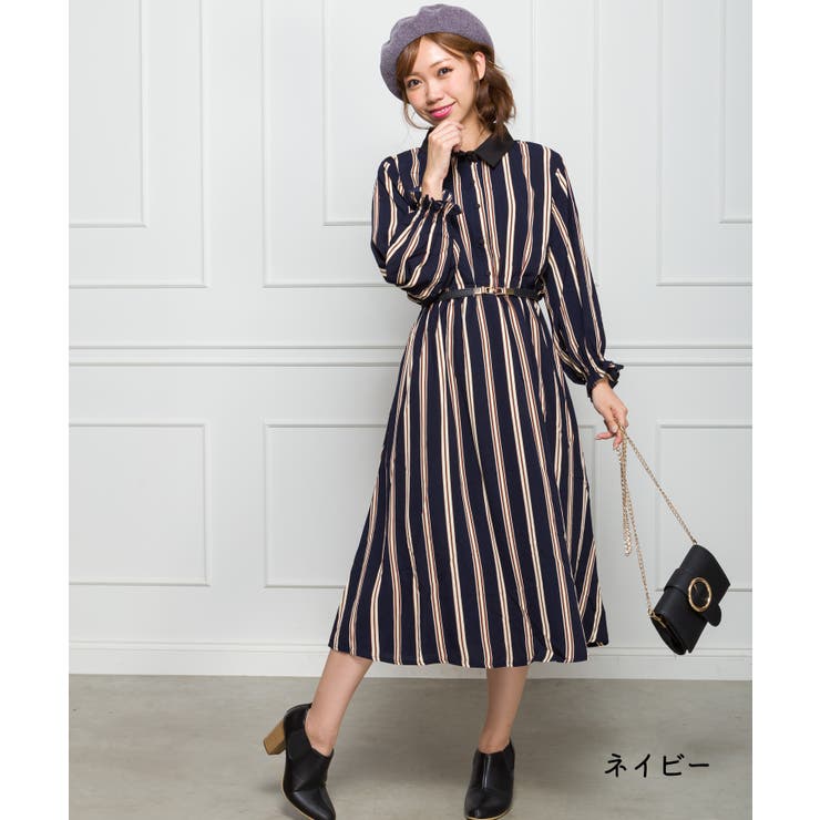 WEB限定】ストライプ七分ワンピース[品番：SPRW0004933]｜SpRay