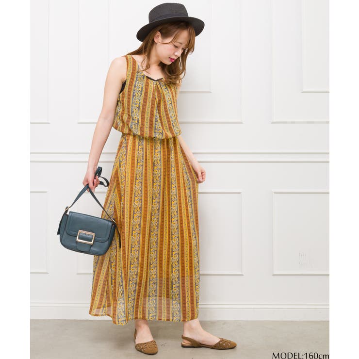 ストライプ ノースリーブ マキシワンピース