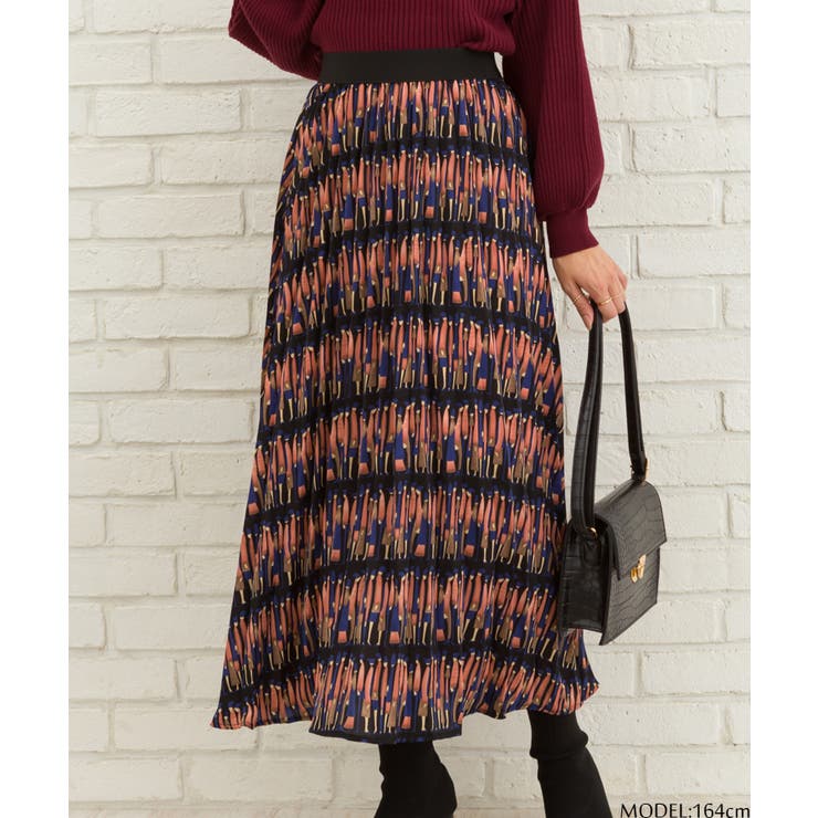 ブラック | ピープル柄プリーツスカート | SpRay