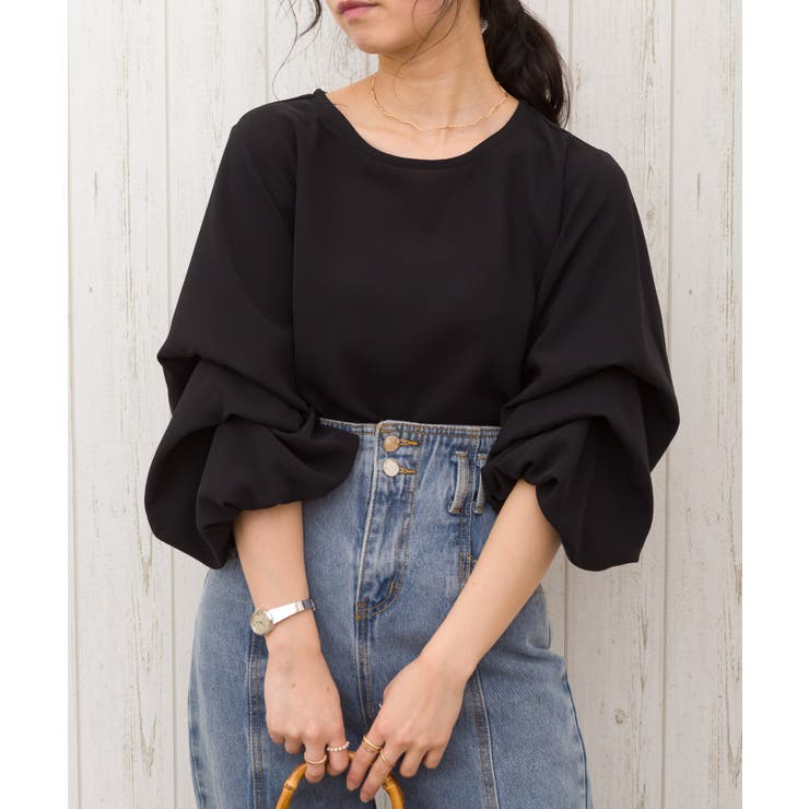 ブラック | ボリュームスリーブ七分ブラウス | SpRay