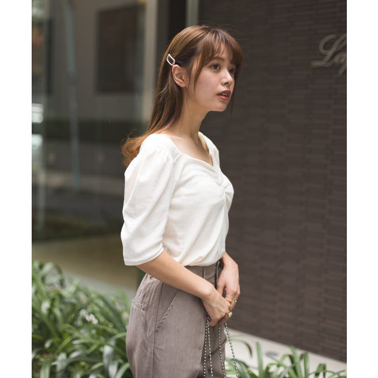 胸シャーリング5分袖Tシャツ[品番：SPRW0007735]｜SpRay（スプレイ 