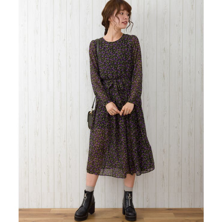 花柄★コットンポプリン★ウエストベルト★ワンピース★ ERDEM りぼん＆フリル付きパール釦フラワー×ドットプリントワンピース