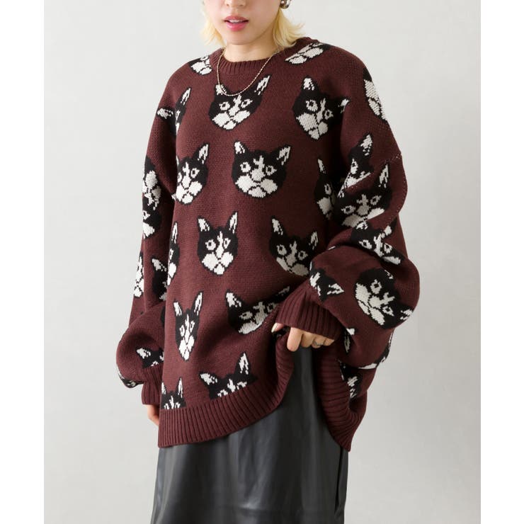 総ネコ柄ジャガードニット[品番：SPRW0009392]｜SpRay（スプレイ）の