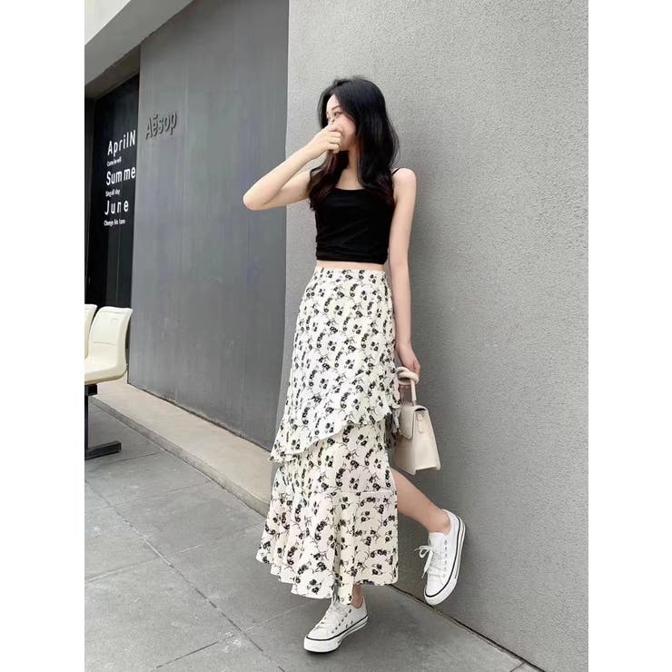 アイボリー | 花柄フリルロングスカート | SpRay