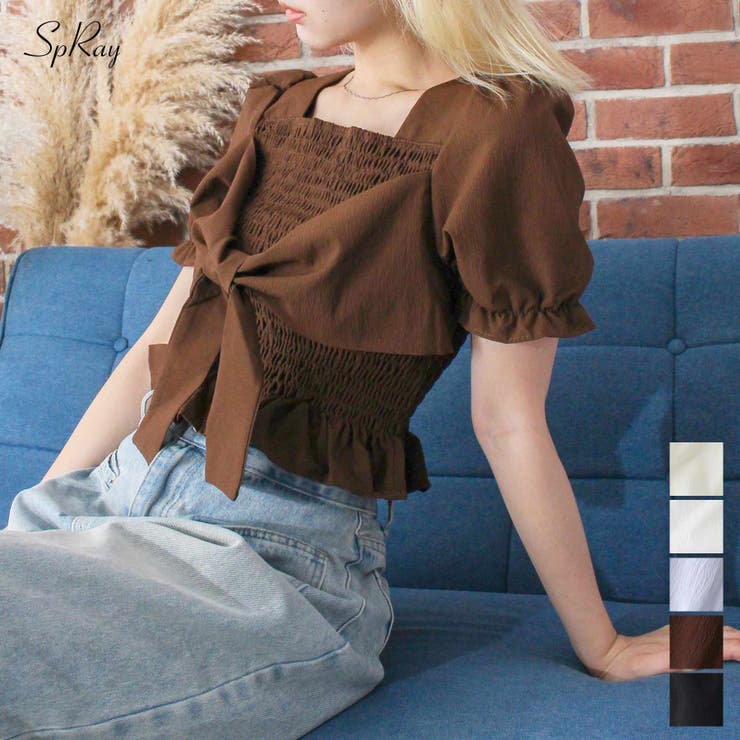 シャーリングショートスリーブリボンブラウス[品番：SPRW0010090
