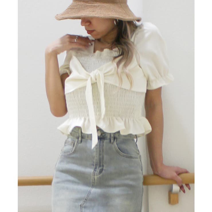 シャーリングショートスリーブリボンブラウス[品番：SPRW0010090