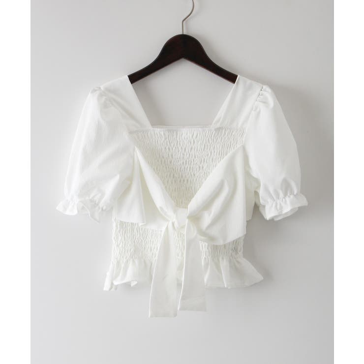 シャーリングショートスリーブリボンブラウス[品番：SPRW0010090