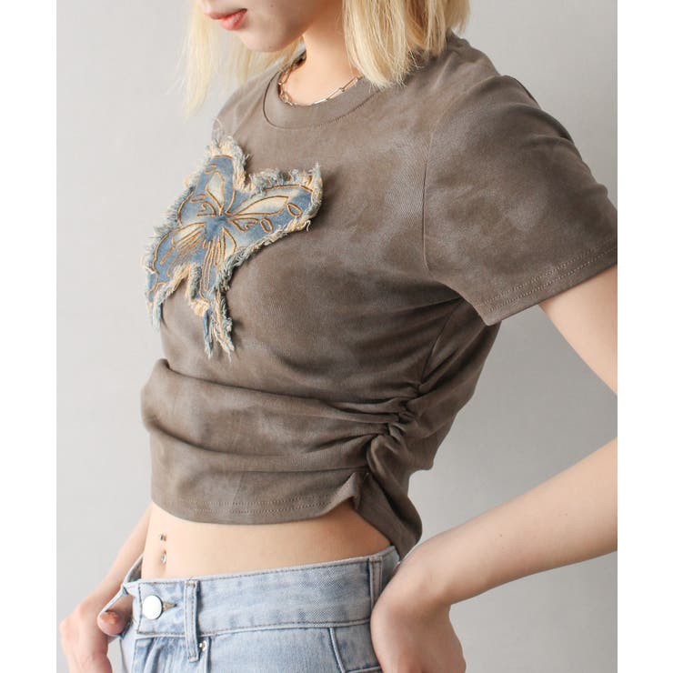 KMRii 　バタフライ柄　カットソー　半袖 セール】バタフライクロップド半袖Tシャツ（Tシャツ/カットソー