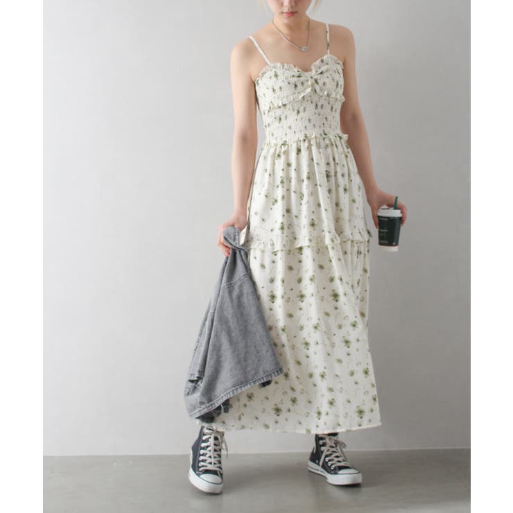 CHICWISH(シックウィッシュ)｜花柄シャーリングキャミワンピース 花柄シャーリングティアードキャミワンピース[on227