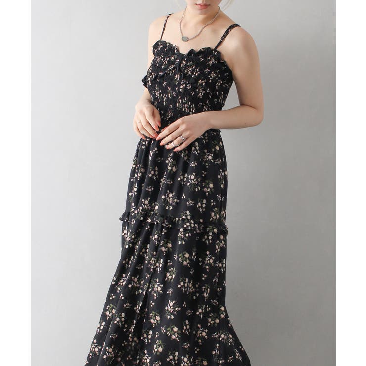 *CIDER* メッシュ 花柄 シャーリング キャミ マキシワンピース 花柄シャーリングキャミワンピース[品番：SPRW0010128]｜SpRay