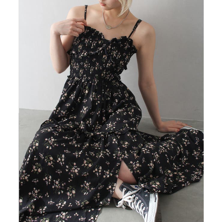 *CIDER* メッシュ 花柄 シャーリング キャミ マキシワンピース 花柄シャーリングキャミワンピース[品番：SPRW0010128]｜SpRay