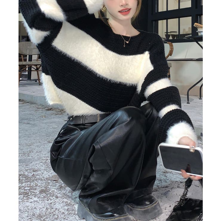 シャギーボーダークロップドニット[品番：SPRW0010312]｜SpRay