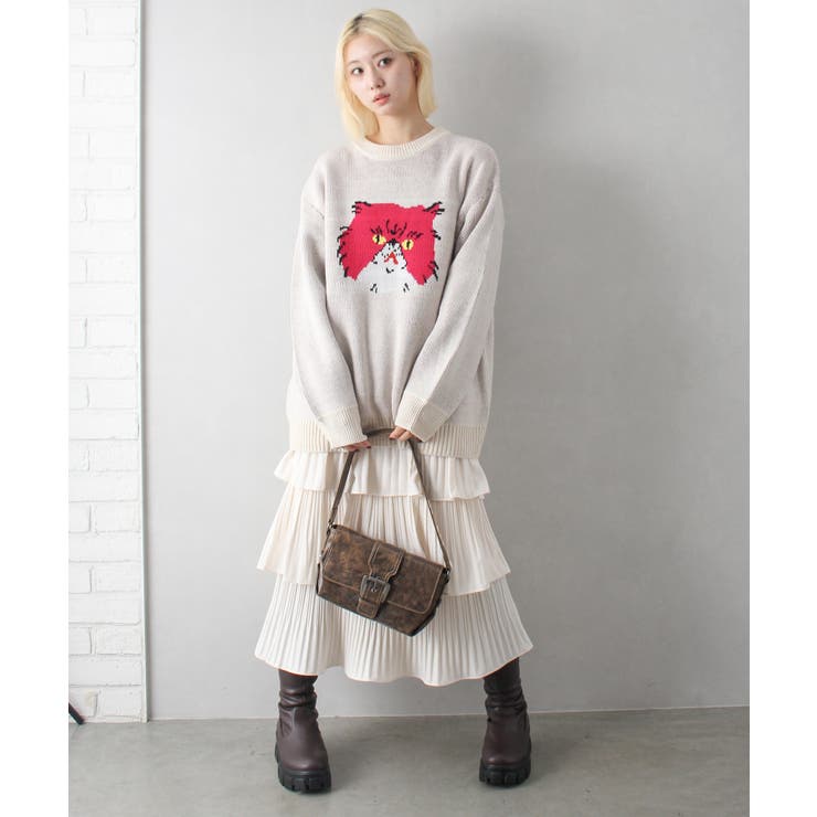 SPRAY PREMIUM ジャガードニット ビッグサイズ キャット ネコ 猫 SITRY セーター ニット Cat ＆ Dog Jacquard Knit Pullover/猫