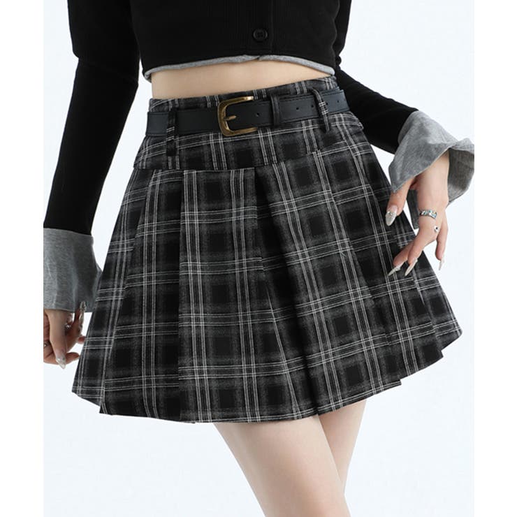 Dim Moire ベルトプリーツミニスカート【チェック】 Dimmoire ディムモアール ベルトプリーツミニスカート【チェック】