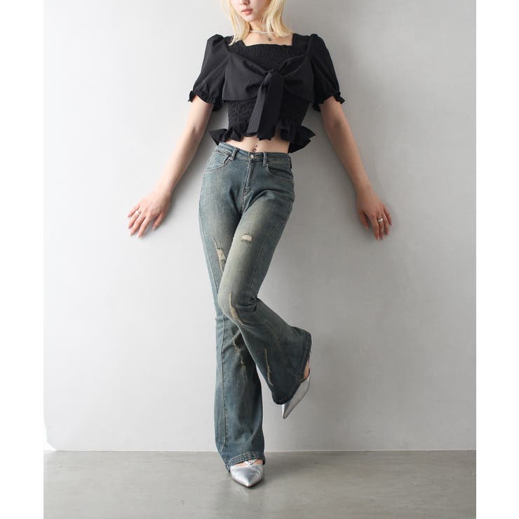 ストレッチデニムダメージフレアパンツ[品番:SPRW0010218 ストレッチデニムダメージフレアパンツ[品番:SPRW0010218