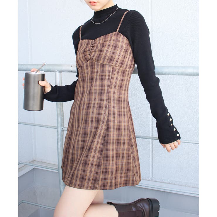 Bunny Lis ファーボレロ×チェックミニワンピ ブラウン チェックキャミ