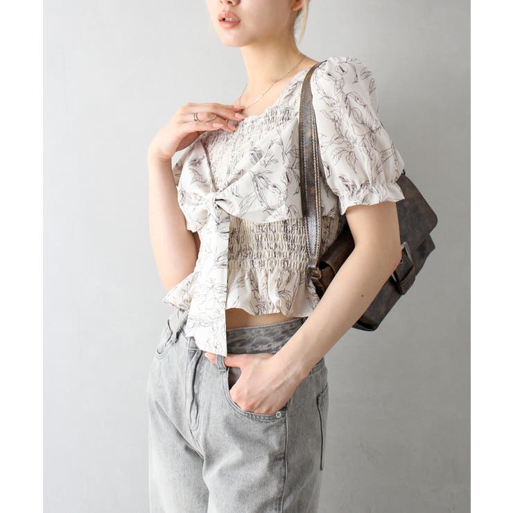 花柄シャーリングリボンショートスリーブブラウス[品番 花柄シャーリングリボンショートスリーブブラウス[品番