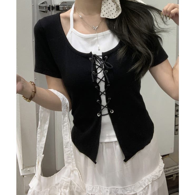 ブラック | レ－スアップフェイクレイヤ－ドトップス | SpRay