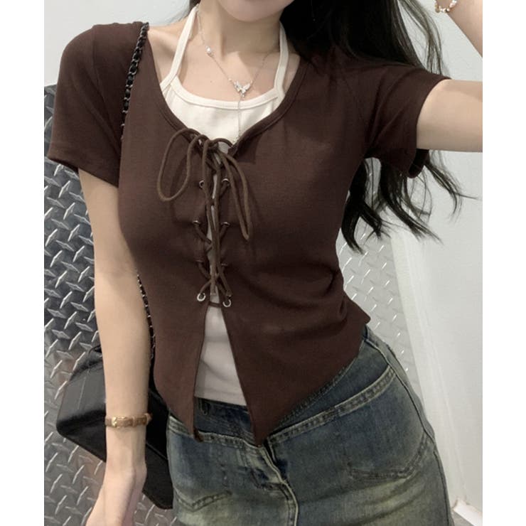 ブラウン | レ－スアップフェイクレイヤ－ドトップス | SpRay