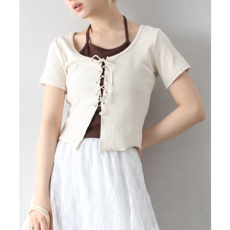 アイボリー | レ－スアップフェイクレイヤ－ドトップス | SpRay