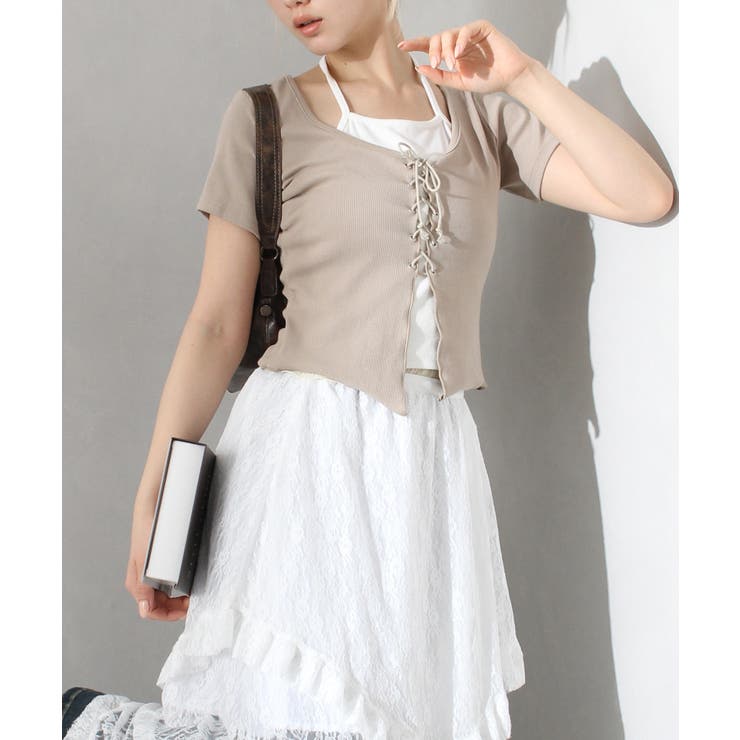 ベージュ | レ－スアップフェイクレイヤ－ドトップス | SpRay