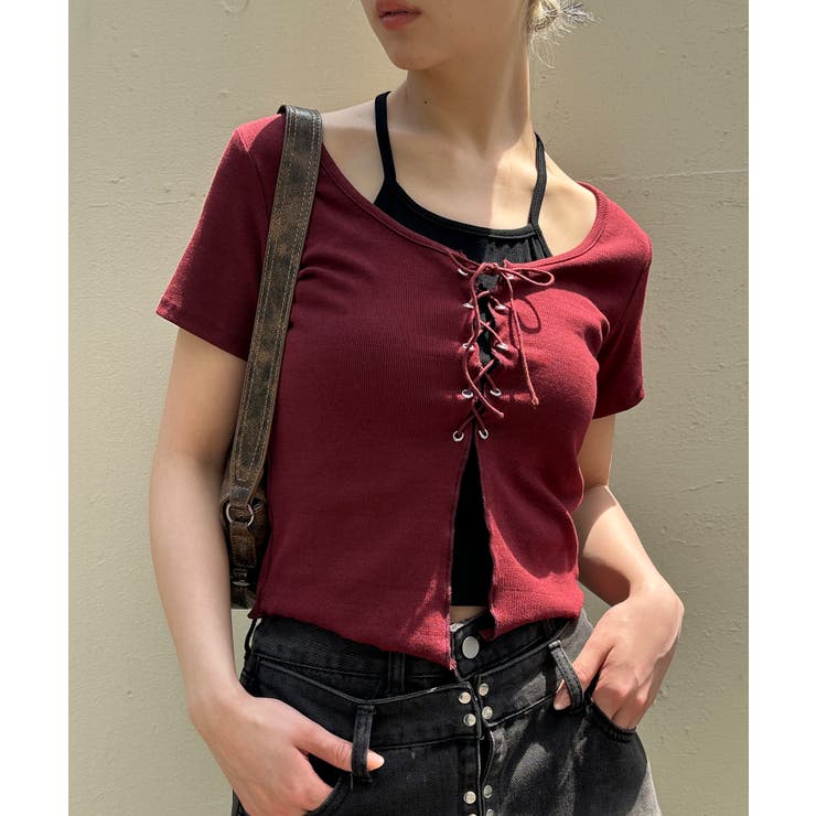 ワイン/ブラック | レ－スアップフェイクレイヤ－ドトップス | SpRay