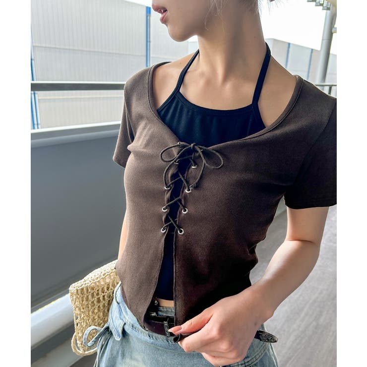 ダークカーキ | レ－スアップフェイクレイヤ－ドトップス | SpRay