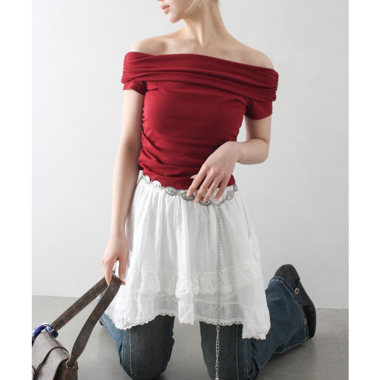 【新品】THINGS THAT MATTER オフショルトップス 3color ／ カップ付 】フロントジップクロスストラップ