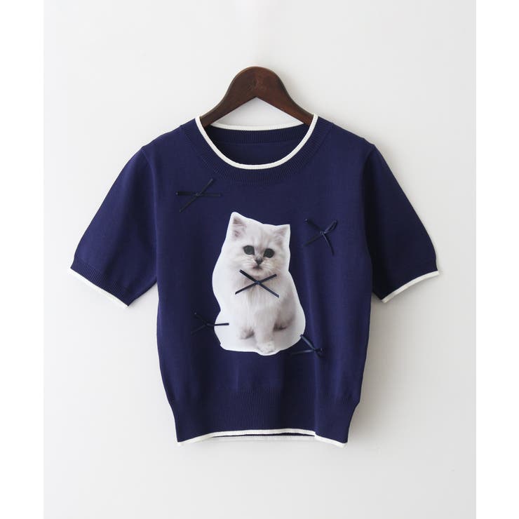 転写ねこショートスリーブニット[品番：SPRW0010566]｜SpRay（スプレイ