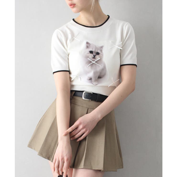 転写ねこショートスリーブニット[品番：SPRW0010566]｜SpRay