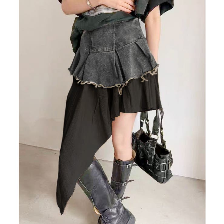 ブラック | デニムヘムレイヤードミニスカート | SpRay