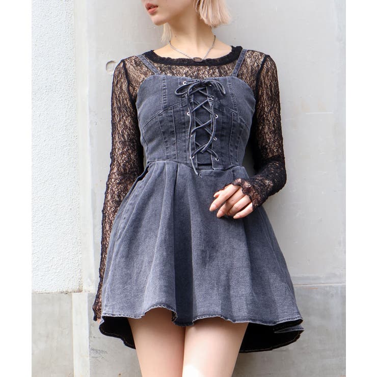 デニムレースアップフレアキャミワンピース[品番：SPRW0010687]｜SpRay