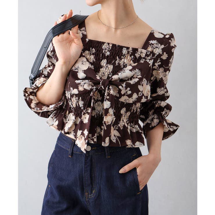 ブラウン | 花柄リボンブラウス | SpRay