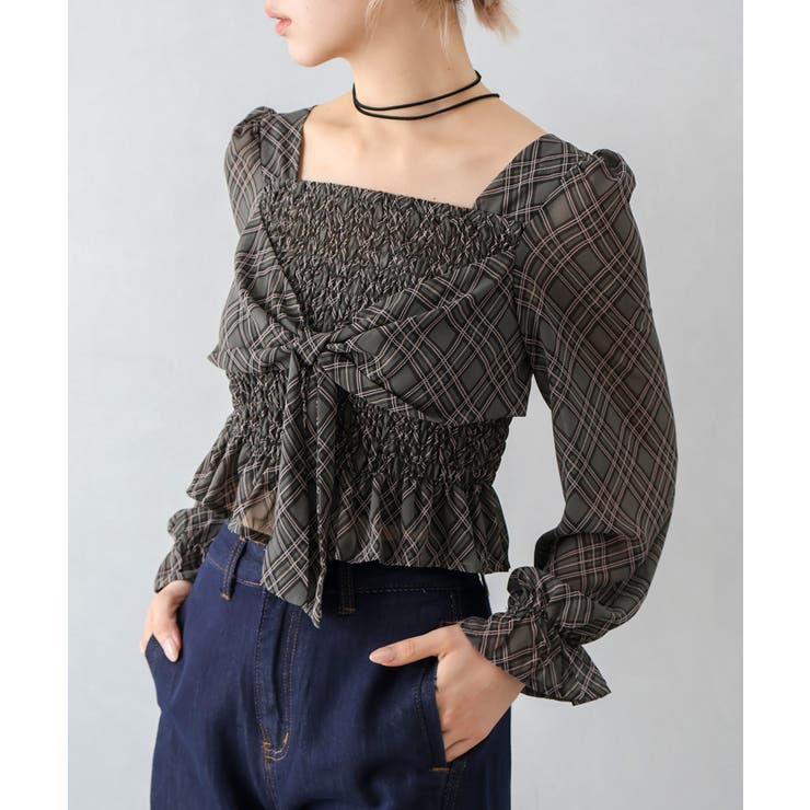 ブラック | チェックシャーリングリボンブラウス | SpRay
