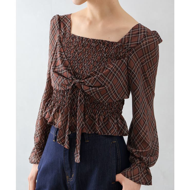 ブラウン | チェックシャーリングリボンブラウス | SpRay