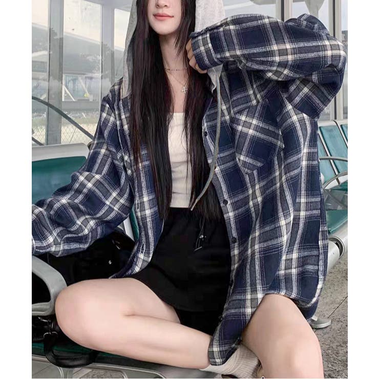 ネイビー | ビエラチェック切り替えフードシャツ | SpRay