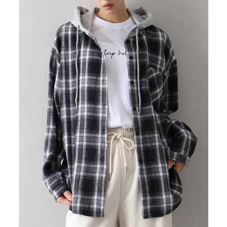 ブラック | ビエラチェック切り替えフードシャツ | SpRay