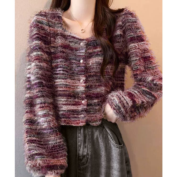 パープル | フェザーボーダーカーディガン | SpRay