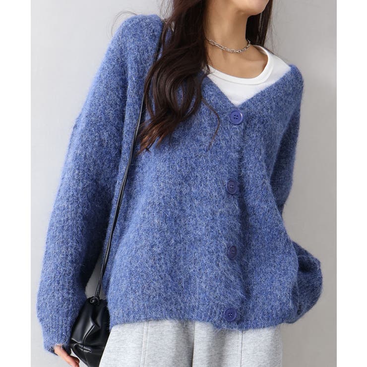 ブルー | 起毛アゼ編Vネックカーディガン | SpRay