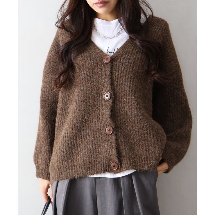 ブラウン | 起毛アゼ編Vネックカーディガン | SpRay
