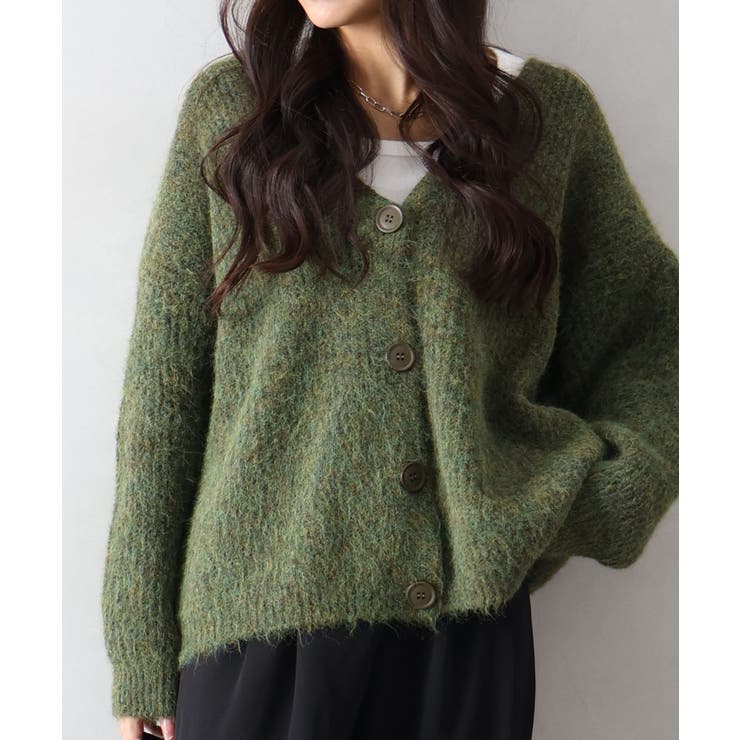 グリーン | 起毛アゼ編Vネックカーディガン | SpRay