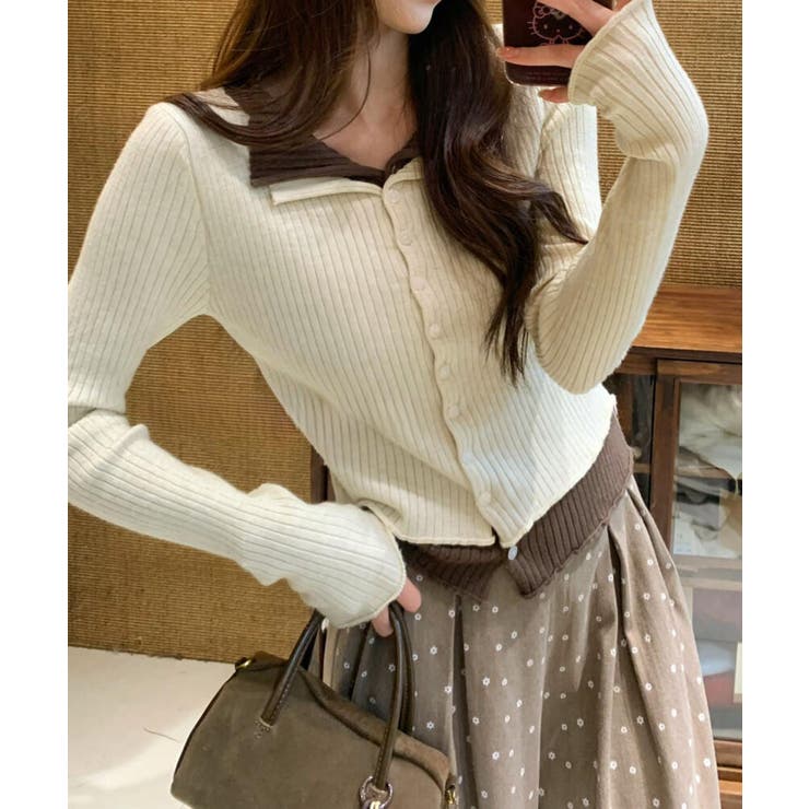 アイボリー | リブニットレイヤードトップス | SpRay