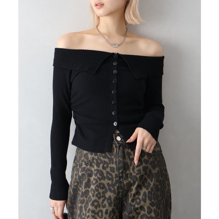 ブラック | 襟付きオフショルニット | SpRay