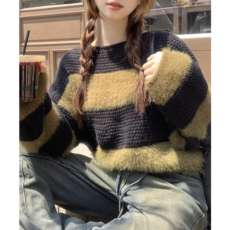 カーキ/ブラック | シャギーボーダークロップドニット | SpRay