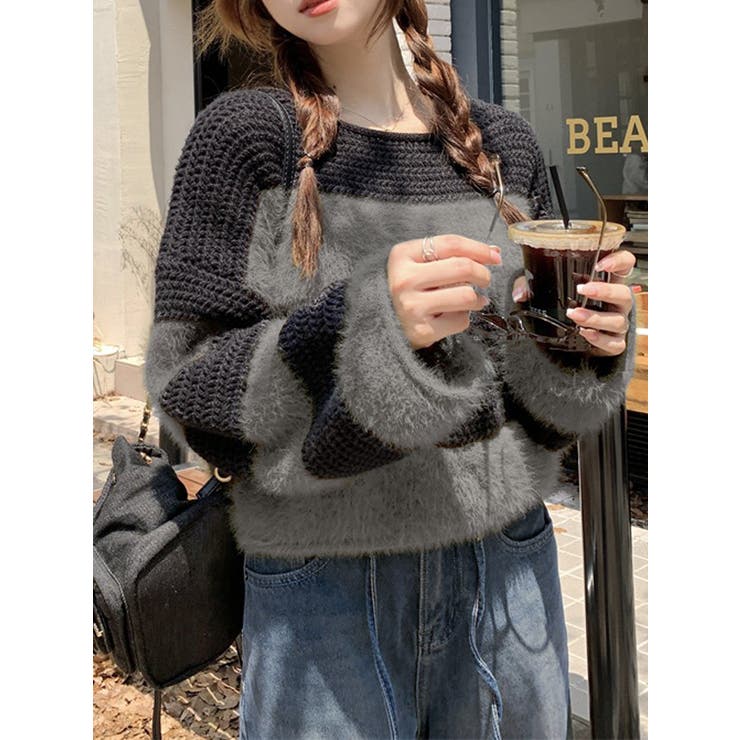 グレー/ブラック | シャギーボーダークロップドニット | SpRay