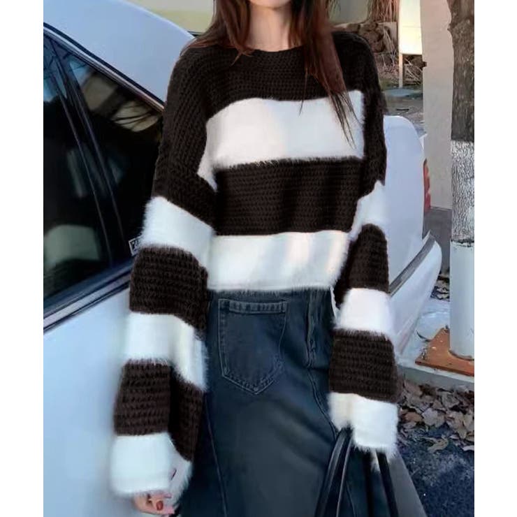 ホワイト×ブラック | シャギーボーダークロップドニット | SpRay