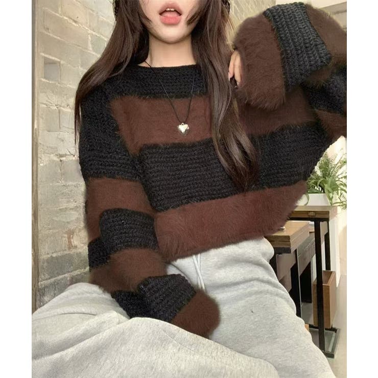 ブラック/ブラウン | シャギーボーダークロップドニット | SpRay