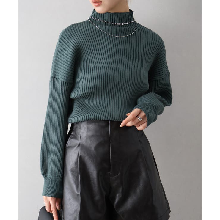 グリーン | ボリューム袖ボトルネックニット | SpRay