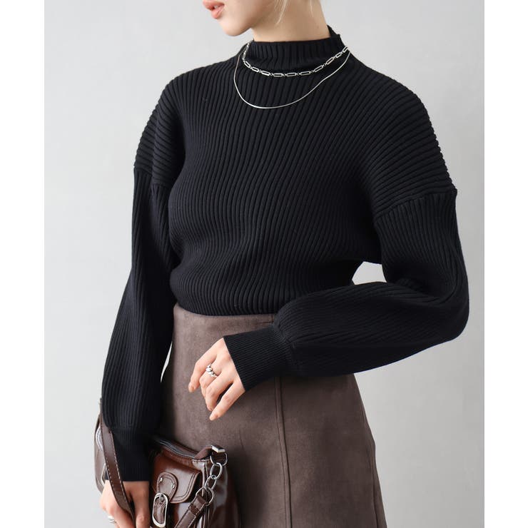 ブラック | ボリューム袖ボトルネックニット | SpRay